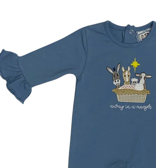 Three Sisters Away in a Manger Girls Romper with manger scene applique and ruffled long sleeves and pant legs with a blue background