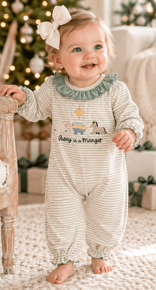 Three Sisters Baby Girl Away in a Manger Christmas Romper - Simply Blessed Children's Boutique