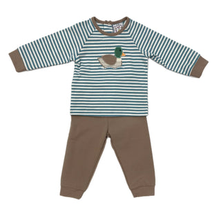 Three Sisters Blue Striped Top with Duck Applique and Tan Jogger Set