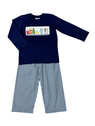 Three Sisters Navy Nativity Boys Pant Set with embroidered long sleeve nativity top and navy gingham pants with elastic waist