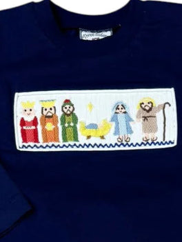 Three Sisters Navy Nativity Boys Pant Set with embroidered long sleeve nativity top with baby Jesus, holy family, and wisemen