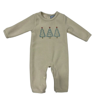 Three Sisters O’ Christmas Tree Ribbed Knit Boys Romper with embroidered Christmas trees, soft beige knit, long sleeves, and snaps.