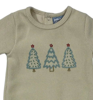 Three Sisters O’ Christmas Tree Ribbed Knit Boys Romper with blue embroidered Christmas trees topped with little red stars