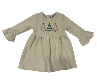 Three Sisters O’ Christmas Tree Ribbed Knit Girls Dress with embroidered Christmas trees and ruffle sleeves, perfect for holiday celebrations.