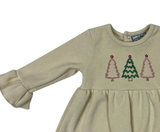 Three Sisters O’ Christmas Tree Ribbed Knit Girls Dress with embroidered pink and green Christmas trees and ruffle sleeves,.