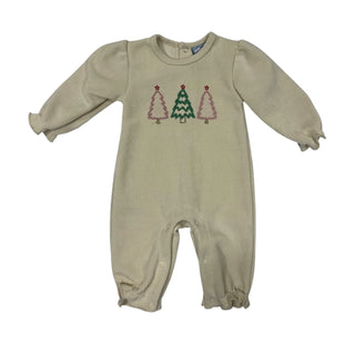 Three Sisters O' Christmas Tree Ribbed Knit Girls Romper with embroidered trees, long sleeves, and snaps for easy holiday dressing.