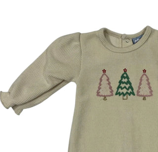 Three Sisters Christmas Tree Ribbed Knit Girls Romper in creamy beige with long sleeves and snaps for easy holiday dressing.