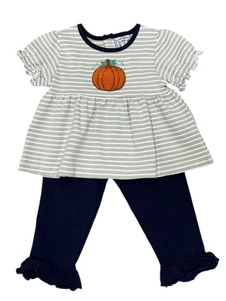 Three Sisters Short-Sleeve Striped Pumpkin Applique Top with Navy Leggings Set