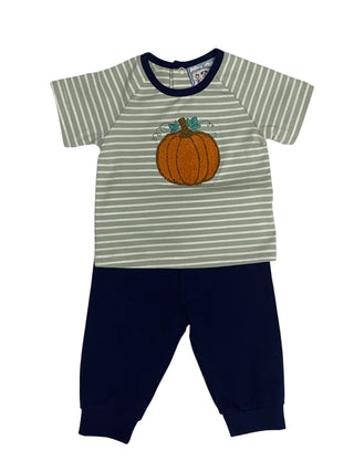 Three Sisters Boys Short-Sleeve Striped Pumpkin Applique Top with Navy Joggers