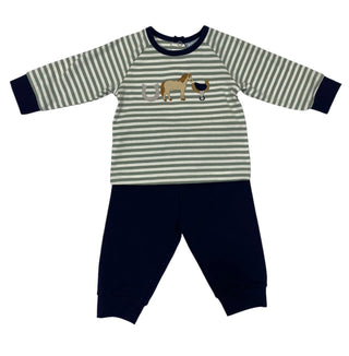 Three Sisters Western Horse jogger set with a gray and white striped long-sleeve shirt featuring a horse and horseshoe embroidery, and navy blue jogger pants.
