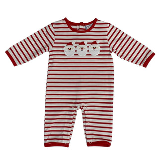 Three Sisters red and white striped boys Santa romper with festive appliqué, long sleeves, and snap closures for holiday comfort.