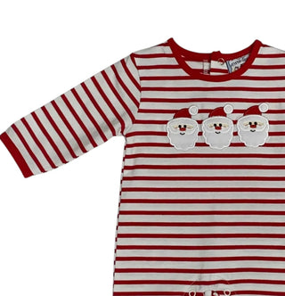 Three Sisters red and white striped boys Santa romper with three festive Santa appliqués and long sleeves and legs with red trim 