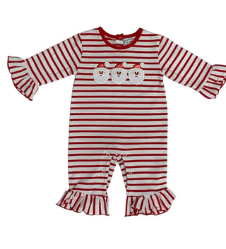Three Sisters red and white striped girls romper with Santa appliqué and ruffled sleeves and legs, perfect for holiday outfits.