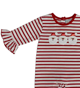 Three Sisters red and white striped girls  Christmas long sleeve romper with three Santas appliquéd on chest and ruffled sleeves 