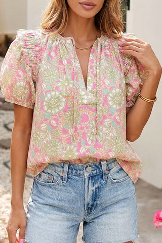 Tie V Neck Floral Short Puff Sleeve Blouse-Women's Short Sleeve Shirt-Simply Blessed Children's Boutique