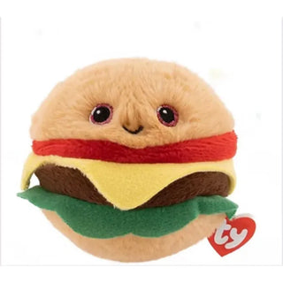 Ty Beanie Bouncers plush burger toy named Buns with smiling face, lettuce, cheese and bun layers in a soft round bouncing plush design.