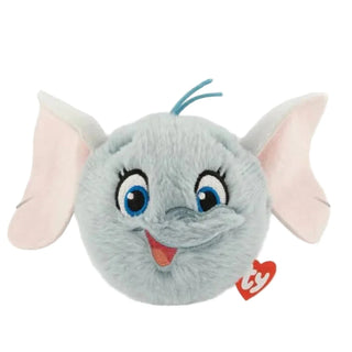 Ty Beanie Bouncers Dumbo plush toy with soft gray hair, large floppy ears, blue eyes, and smiling Disney elephant face in round bouncing plush design.