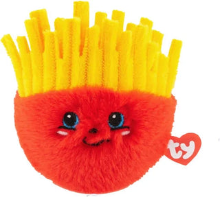 Ty Beanie Bouncers plush fries toy named Spuds with bright yellow fries, red fluffy base, smiling face and round bouncing plush shape.