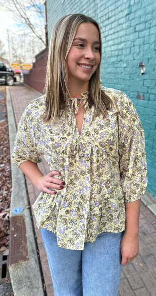 Umgee Floral Ruffle Neck Tiered Top-Women's Long Sleeve Shirts-Simply Blessed Children's Boutique