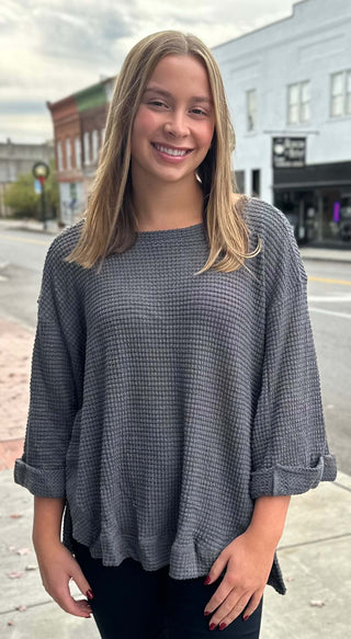 Umgee Waffle Knit Top - Charcoal or Black-Women's Sweatshirt/Pullover-Simply Blessed Children's Boutique