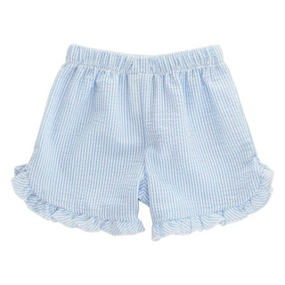 Girls Ruffle Shorts in Light Blue Seersucker
