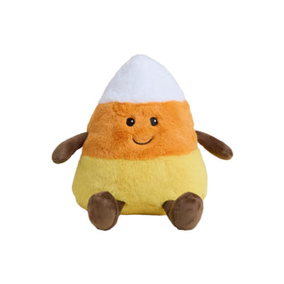 Front view of Warmies Candy Corn Plush with embroidered smiling face and cozy tri-color candy corn design.