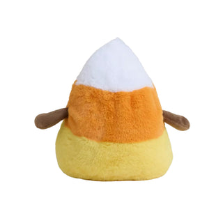 Back view of Warmies Candy Corn Plush with soft fabric design and brown arms, showing festive fall detailing.