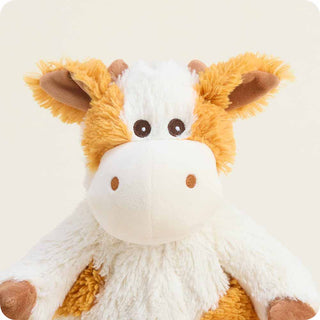 Close-up of Warmies Pumpkin Spice Cow face with detailed embroidered eyes, muzzle, and soft fur, scented with lavender.