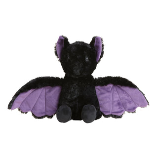 Warmies bat plush with open purple wings displayed front-facing, scented with calming lavender, soft and huggable.