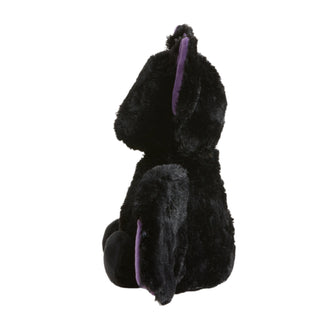 Black Warmies bat plush with purple wings sitting upright, perfect microwavable stuffed animal for cozy comfort and lavender scent.