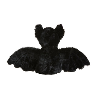 Back view of Warmies black bat plush toy showing full purple wings and soft fur for soothing warmth and relaxation.