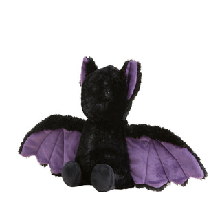 Side profile of Warmies black bat plush with lavender-scented filling, microwavable and freezable for comfort therapy.