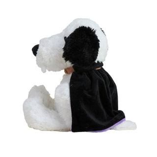 Side view of Warmies BooCrew Snoopy Plush in a vampire cape, soft and microwaveable stuffed animal for warmth and comfort.