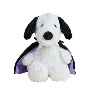 Warmies BooCrew Snoopy Plush dressed as a vampire with a black and purple cape, microwaveable stuffed animal with lavender scent.