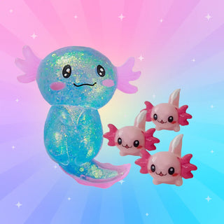 Blue glittery Squishy Axolotl toy with three pink baby axolotl figures, a fun collectible surprise toy for children ages 6+.