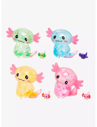 Four Squishy Axolotl toys in green, blue, yellow, and pink, each with a matching surprise baby figure for kids to collect and relieve stress.