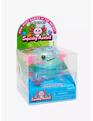 Glittery Squishy Axolotl toy in packaging with surprise baby figures hidden underneath, perfect for kids ages 6 and up.