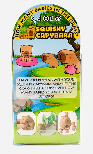 Back of Zorbitz Squishy Capybara package with illustrated capybaras, play instructions, and surprise babies revealed on opening.