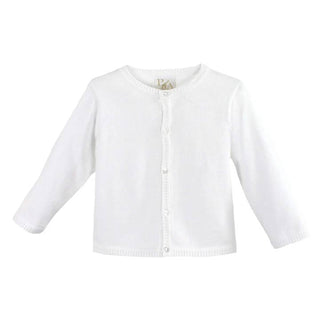 White baby cardigan sweater with long sleeves, round neckline, and front button closure.