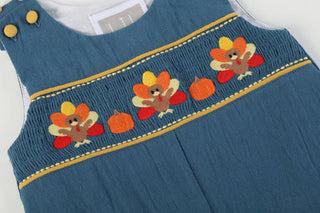 Smocked Cobalt Blue Turkey Overalls