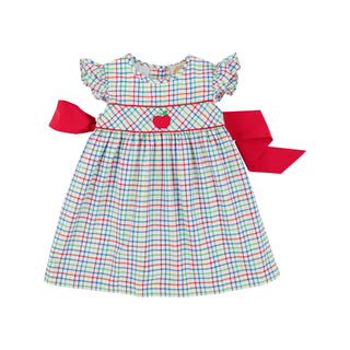 Addie Angel Sleeve Dress in Kindness Wins plaid with red sash and heart applique, perfect for school, Sundays, or special fall occasions.