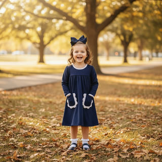 Millie Jay Girls Long Sleeve Navy Izzie Dress with Pockets-Girls Dresses-Simply Blessed Children's Boutique