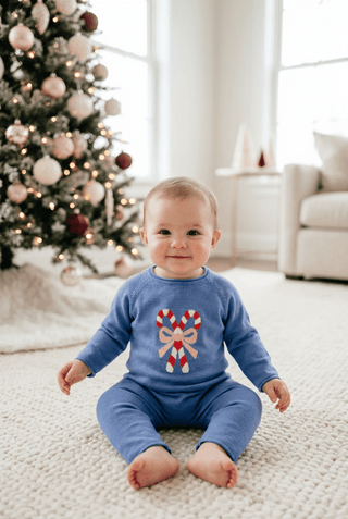 Sage and Lilly Blue Candy Cane Sweater Romper with Pink Bow-Girls One-Piece-Simply Blessed Children's Boutique