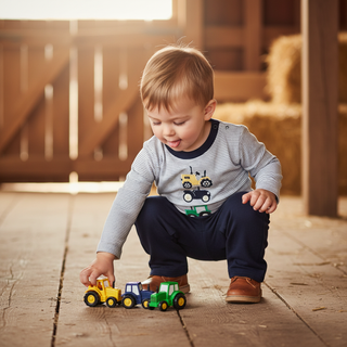 Millie Jay Boys Navy Striped Long Sleeve Tractor Trio Applique Shirt with Navy Pants-Boys Outfit Sets-Simply Blessed Children's Boutique
