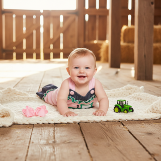 Millie Jay Pink Striped Tractor Applique Jay Ruffle Romper-Girls One-Piece-Simply Blessed Children's Boutique