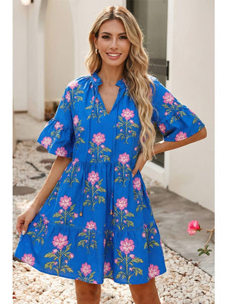 Vivian Floral V - Neck Ruffle Sleeve Tiered Mini Dress - Simply Blessed Children's Boutique