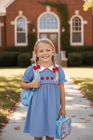 Blue Striped Apple Dress – Itsy Bitsy-Girls Dresses-Simply Blessed Children's Boutique