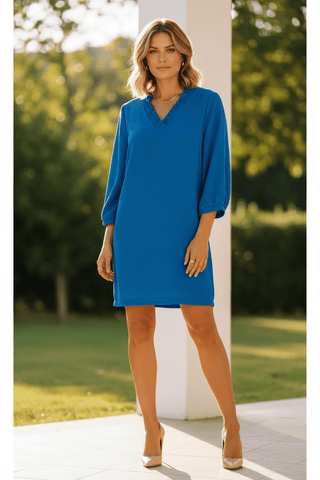 Blue Ruffle V-Neck Dress-Women's Dresses-Simply Blessed Children's Boutique