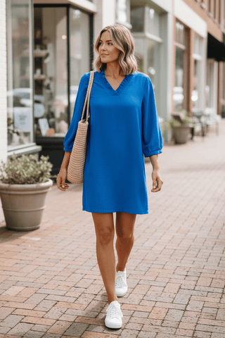 Blue Ruffle V-Neck Dress-Women's Dresses-Simply Blessed Children's Boutique
