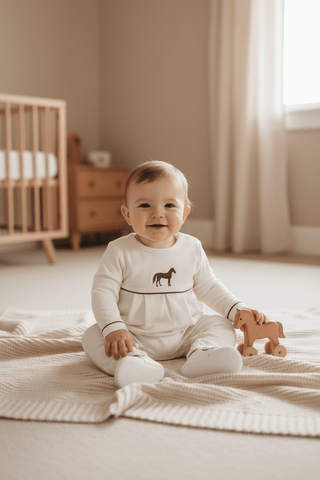 Long Sleeve Bradford Romper – Palmetto Pearl / Gray Bay Brown Horse by The Beaufort Bonnet Company-Misc.-Simply Blessed Children's Boutique